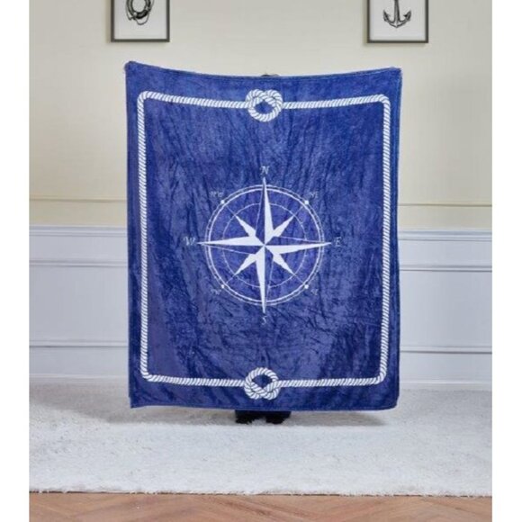 New Nautical Compass Knots Rope Plush Throw Blanket Gift SOFT Blue Ocean Ship - Picture 2 of 3